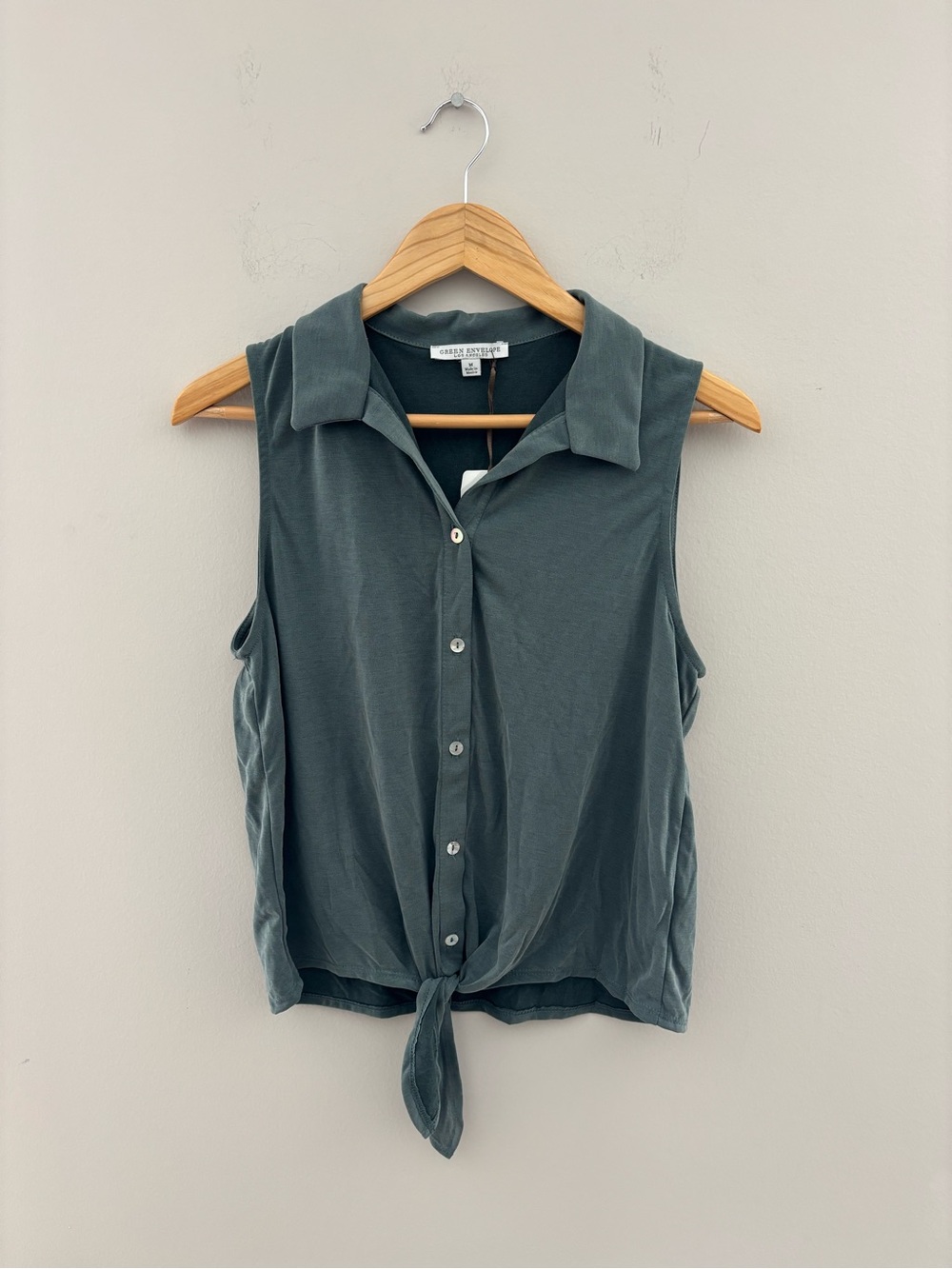 Green Envelope Sleeveless Tie Front Top Slate Teal Button Front Blouse Women